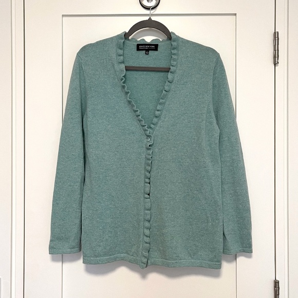 Jones New York Soft Green Cashmere Ruffled Cardigan - Picture 1 of 8